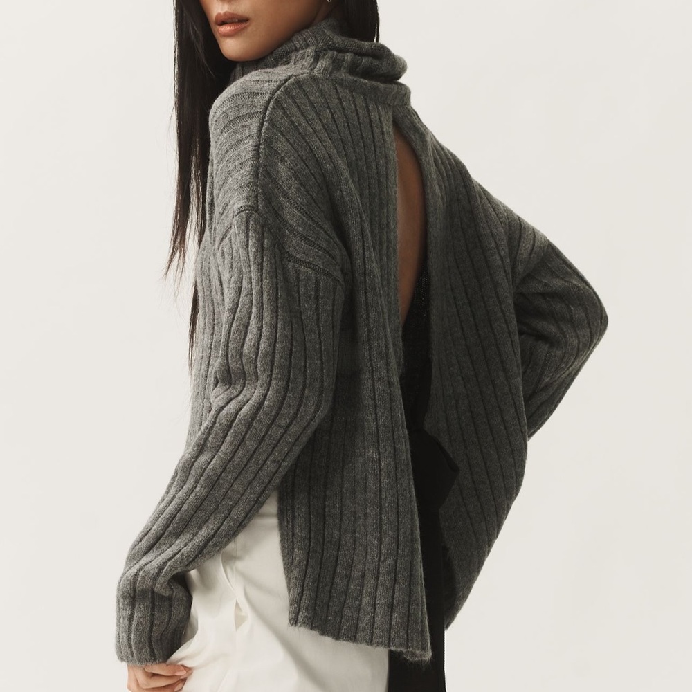 Gray Ribbed Open-Back Sweater